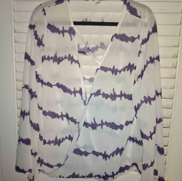 Dressy White and Purple sheer faux wrap blouse - Picture 1 of 4